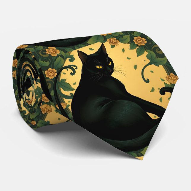 Artistic Colorful Art Nouveau Black Cat Pattern Neck Tie (Rolled)