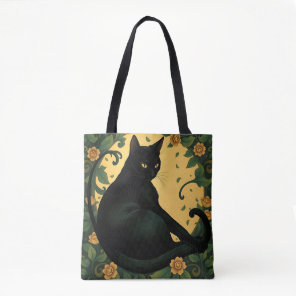 Artistic Colorful Art Nouveau Black Cat Pattern Tote Bag
