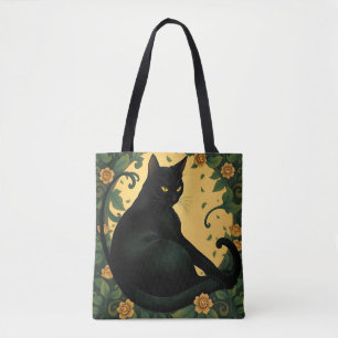 Artistic Colorful Art Nouveau Black Cat Pattern Tote Bag