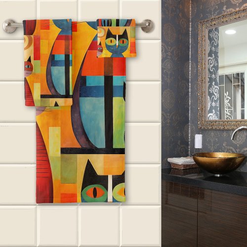 Artistic Colorful Cats Modern Bath Towel Set