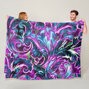 Artistic Colorful Damask Purple Teal Blue Fleece Blanket
