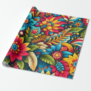 Artistic Colorful Flowers and Leaves Wrapping Paper