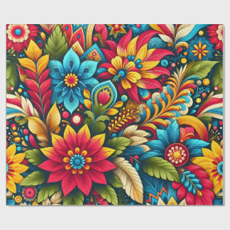 Artistic Colorful Flowers and Leaves Wrapping Paper