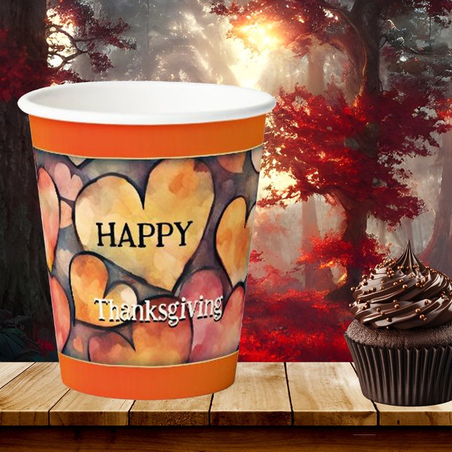 Artistic Colorful Happy Hearts Thanksgiving Paper Cups (Thanksgiving paper cups featuring a festive design with painted hearts and an orange gold lining)