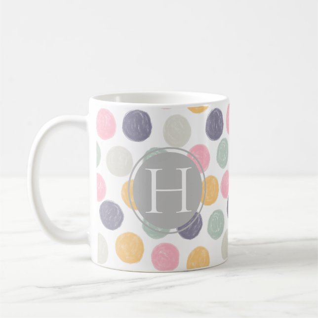 artistic colorful pastel polka dot monogram coffee mug (Left)