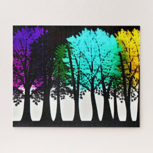 Artistic Colorful Trees in Black Silhouette Trees Jigsaw Puzzle