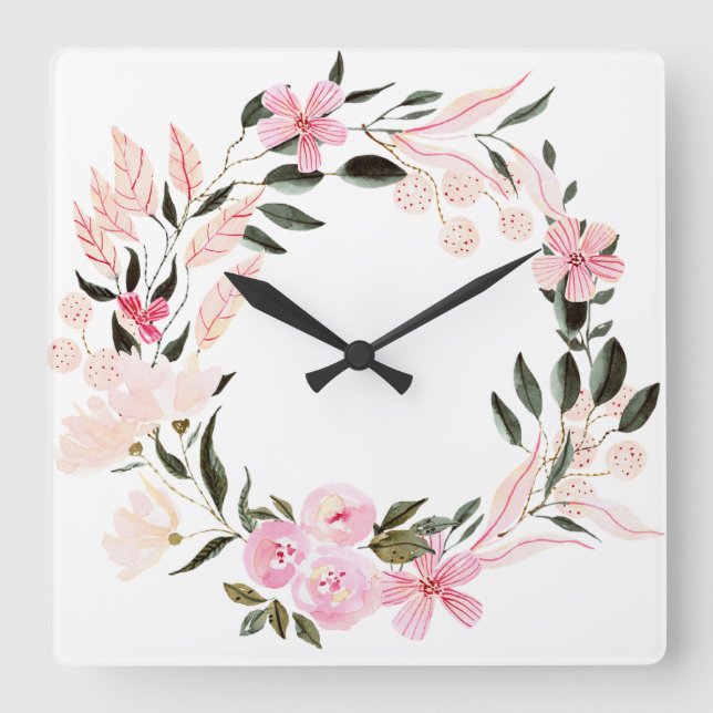 Artistic colorful wall clock pink floral (Front)