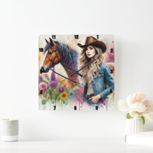 Artistic Cowgirl and Horse with Vibrant Floral Square Wall Clock