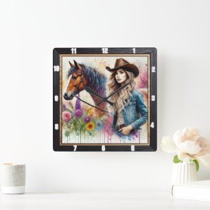 Artistic Cowgirl and Horse with Vibrant Floral Square Wall Clock