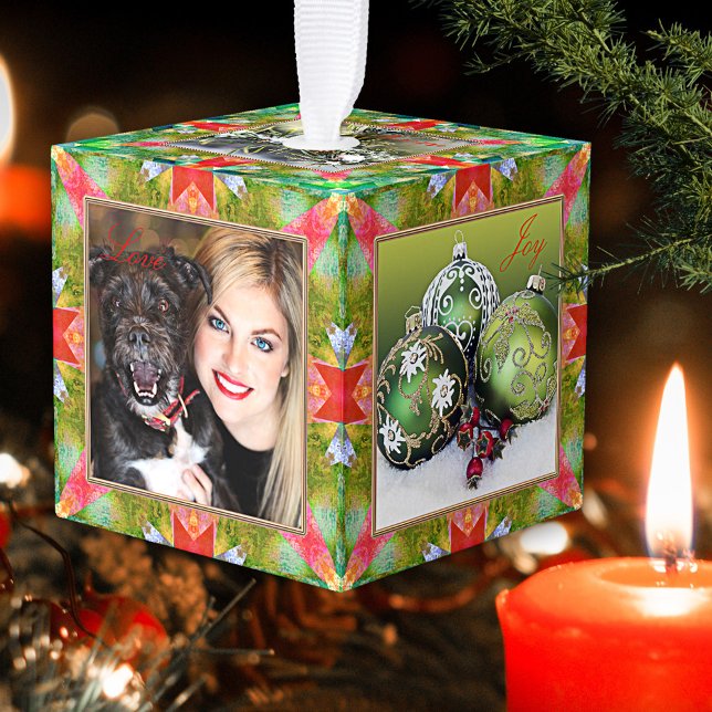 Artistic Custom Photo Cube Christmas Ornament (Photo cube ornament featuring your photos framed by a green and red artistic geometric design)