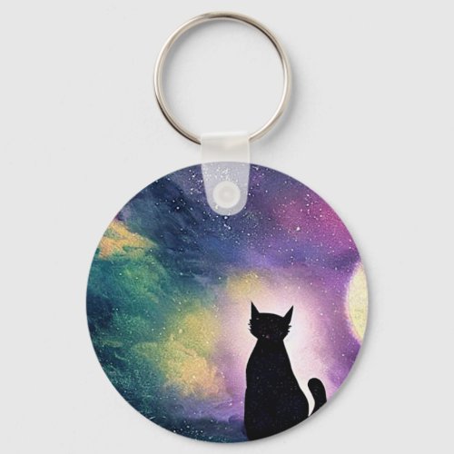 Artistic Cute Cat Moon and Galaxy Stars Purple  Keychain