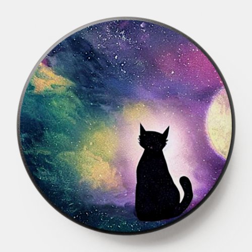 Artistic Cute Cat Moon and Galaxy Stars Purple  PopSocket