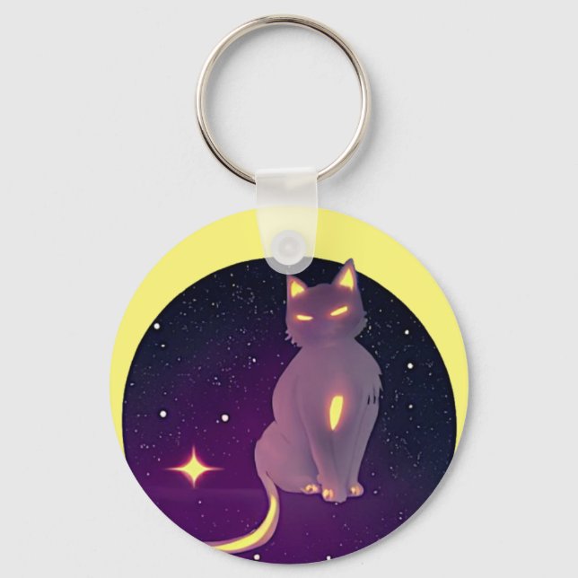 Artistic Cute Moon Cat Silhouette Stars Night Sky  Keychain (Front)