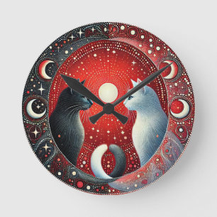 Artistic Depiction of Yin and Yang Cats Round Clock
