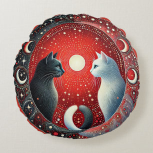Artistic Depiction of Yin and Yang Cats Round Pillow