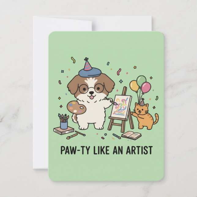 Artistic Dog Cat Festive Celebration Green Invite (Front)