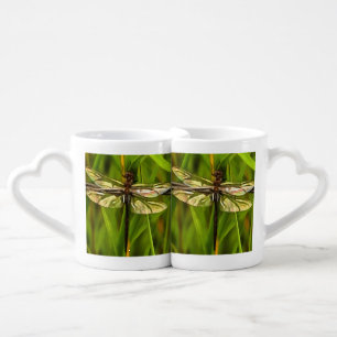 Artistic Dragonfly In Brown And Yellow On Green Coffee Mug Set