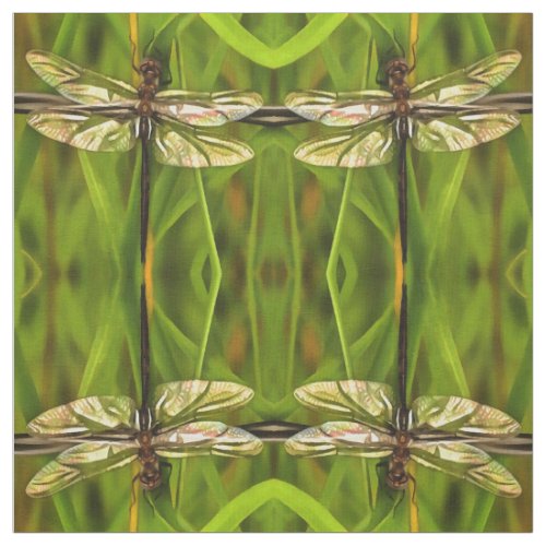 Artistic Dragonfly In Brown And Yellow On Green Fabric