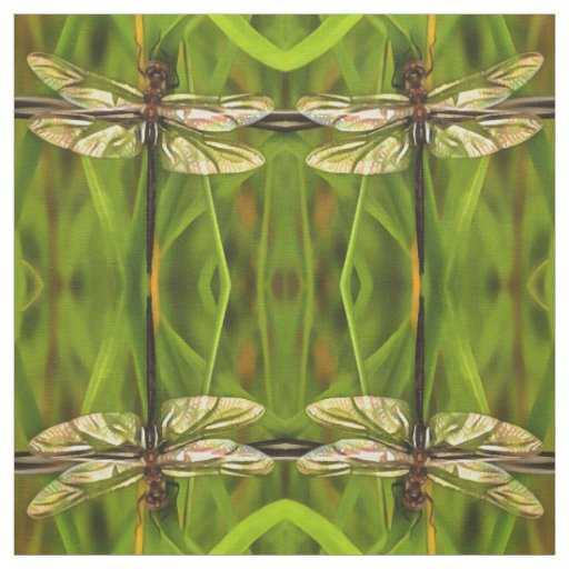 Artistic Dragonfly In Brown And Yellow On Green Fabric