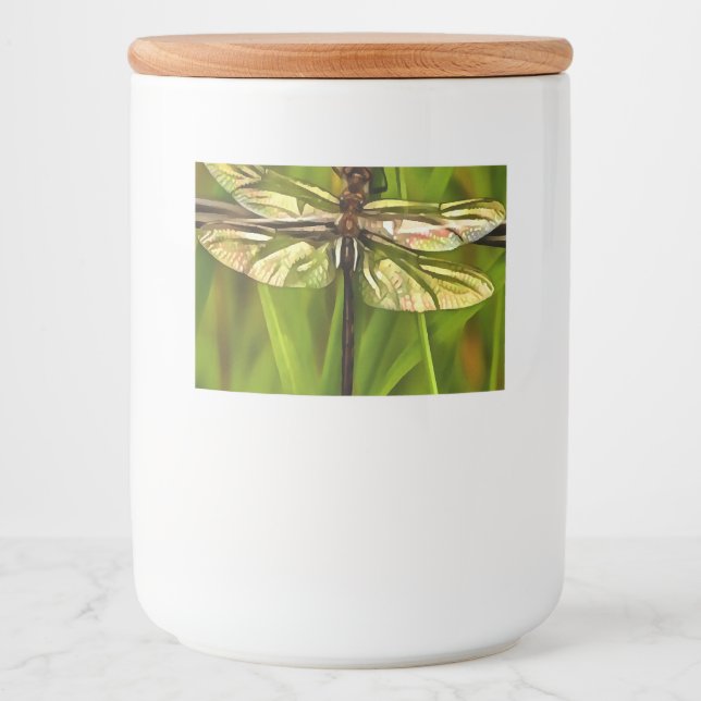 Artistic Dragonfly In Brown And Yellow On Green Food Label (Front)