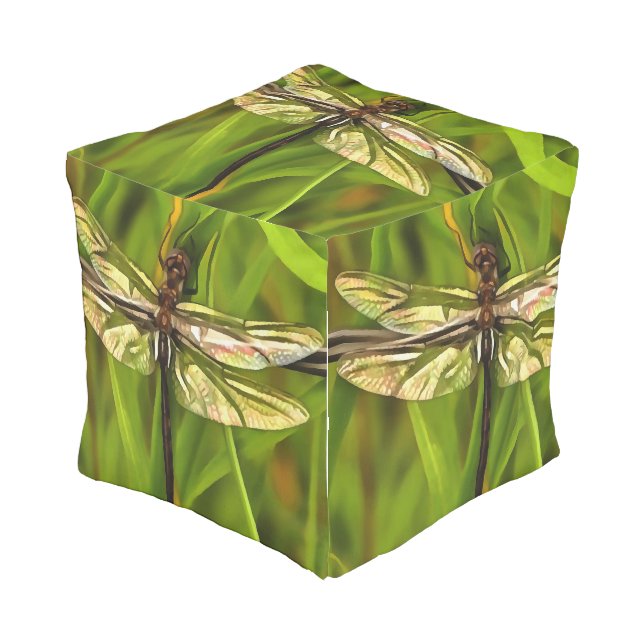 Artistic Dragonfly In Brown And Yellow On Green Outdoor Pouf (Angled Front)