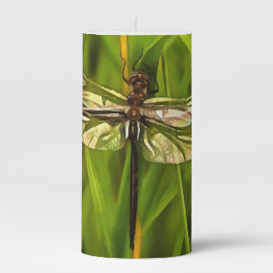 Artistic Dragonfly In Brown And Yellow On Green Pillar Candle