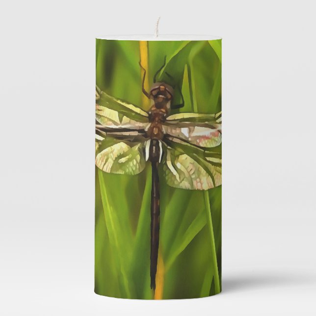 Artistic Dragonfly In Brown And Yellow On Green Pillar Candle (Front)