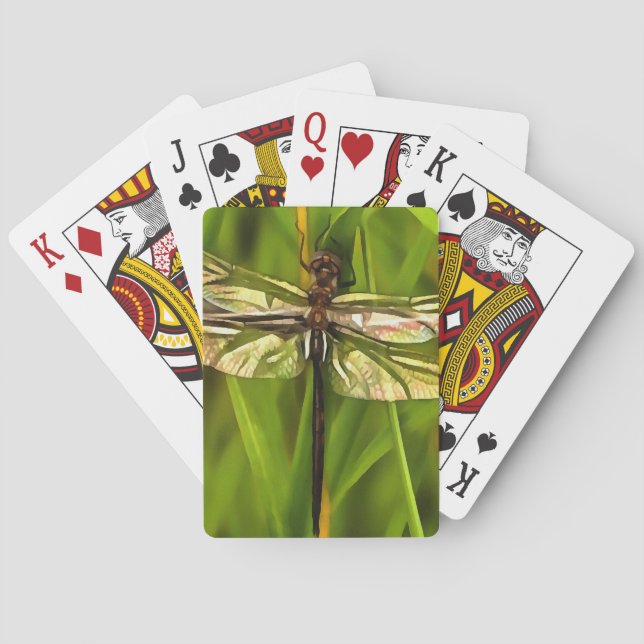 Artistic Dragonfly In Brown And Yellow On Green Poker Cards (Back)