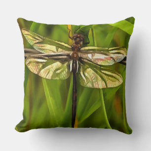 Artistic Dragonfly In Brown And Yellow On Green Throw Pillow