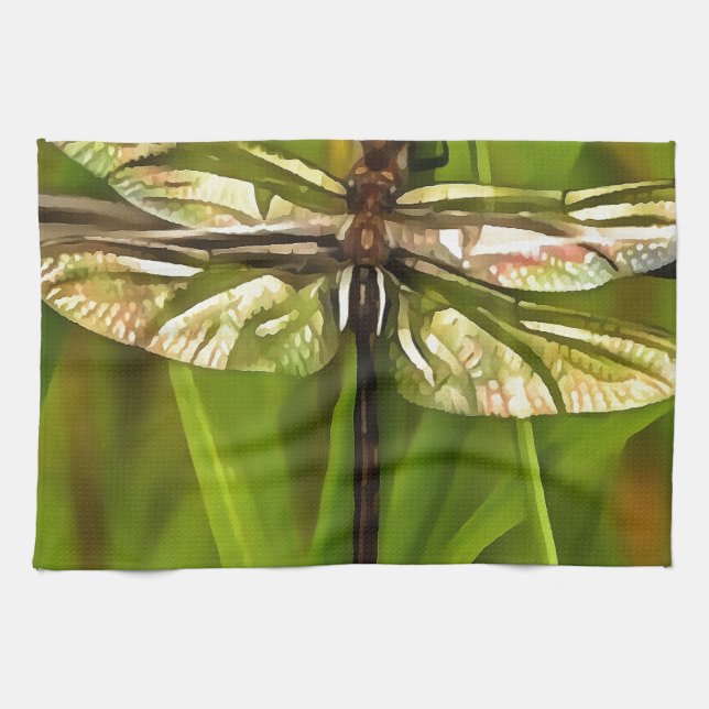 Artistic Dragonfly In Brown And Yellow On Green Towel (Horizontal)