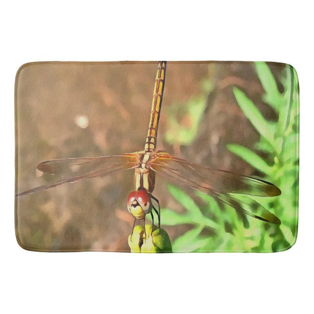 Artistic Dragonfly Resting On A Flower Head Bath Mat (Front)