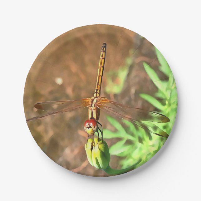 Artistic Dragonfly Resting On A Flower Head Paper Plates (Front)