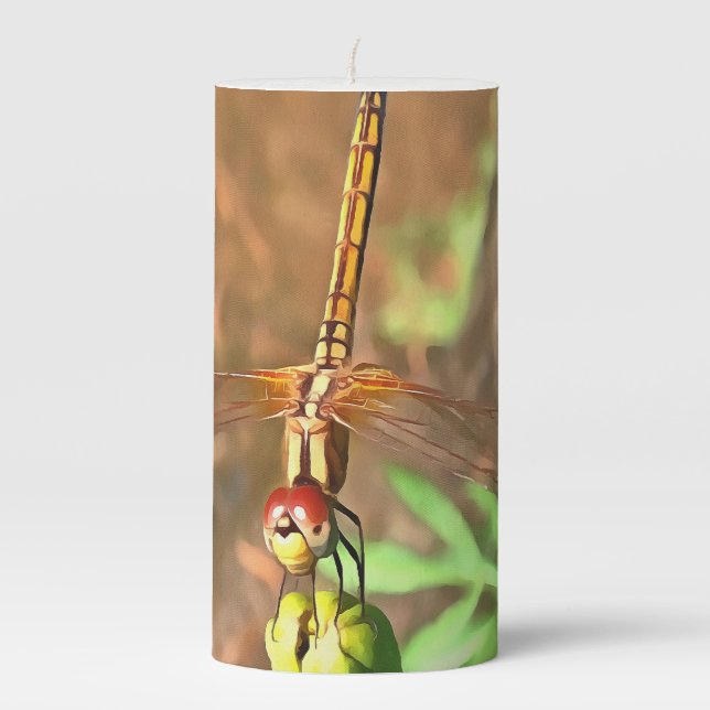 Artistic Dragonfly Resting On A Flower Head Pillar Candle (Front)