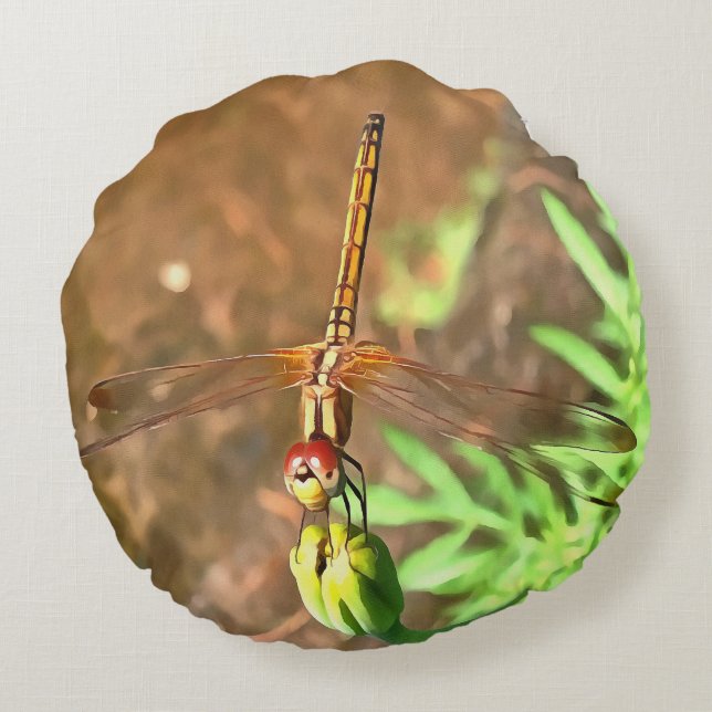 Artistic Dragonfly Resting On A Flower Head Round Pillow (Back)