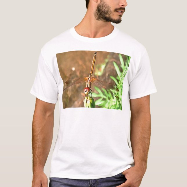 Artistic Dragonfly Resting On A Flower Head T-Shirt (Front)