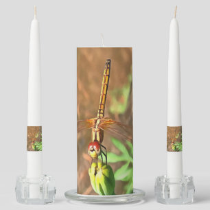 Artistic Dragonfly Resting On A Flower Head Unity Candle Set