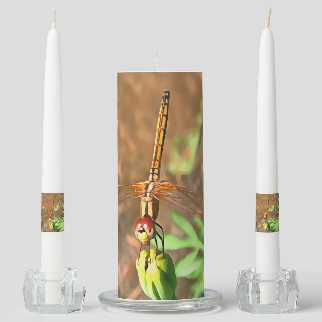 Artistic Dragonfly Resting On A Flower Head Unity Candle Set (Front)