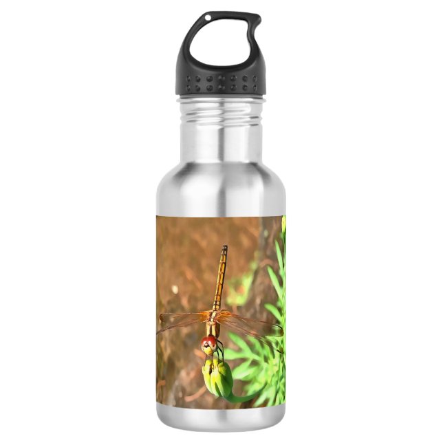 Artistic Dragonfly Resting On A Flower Head Water Bottle (Front)