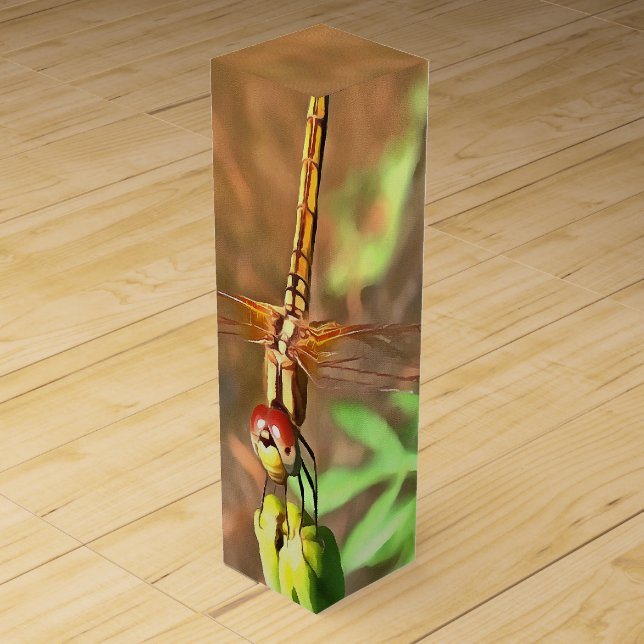Artistic Dragonfly Resting On A Flower Head Wine Gift Box (Front)