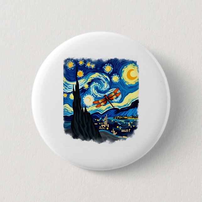 Artistic Dragonfly Shirt Van Gogh Starry Night Dra Button (Front)