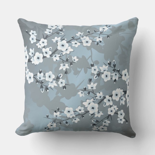 Artistic Dusty Blue Floral Throw Pillow (Front)