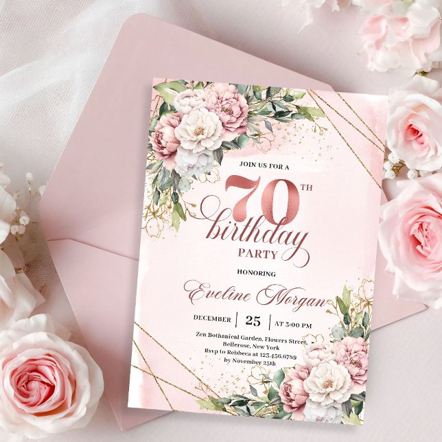 Artistic Dusty Pink Watercolor Flowers 70 Birthday Invitation (Artistic Dusty Pink Watercolor Flowers 70th Birthday Invitation)