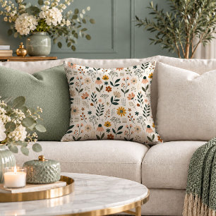 Artistic Earthy Rainbow Wildflowers Decor Pillow