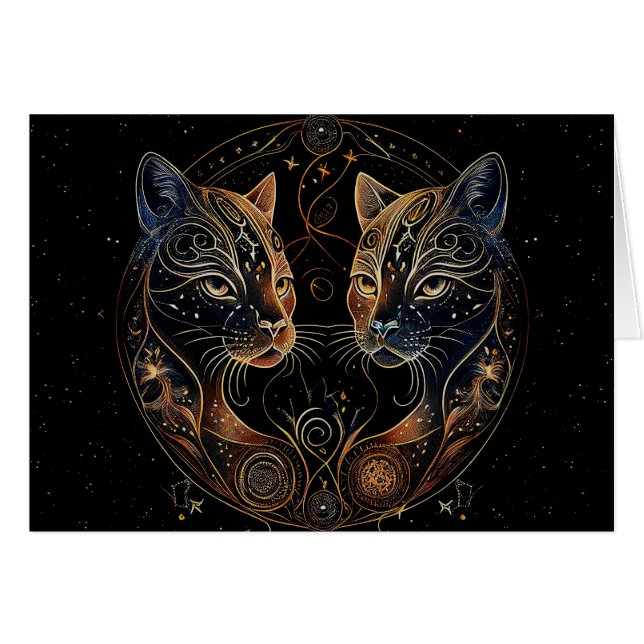 Artistic Feline Circle Twin Cats Blank Inside Cards (Front Horizontal)