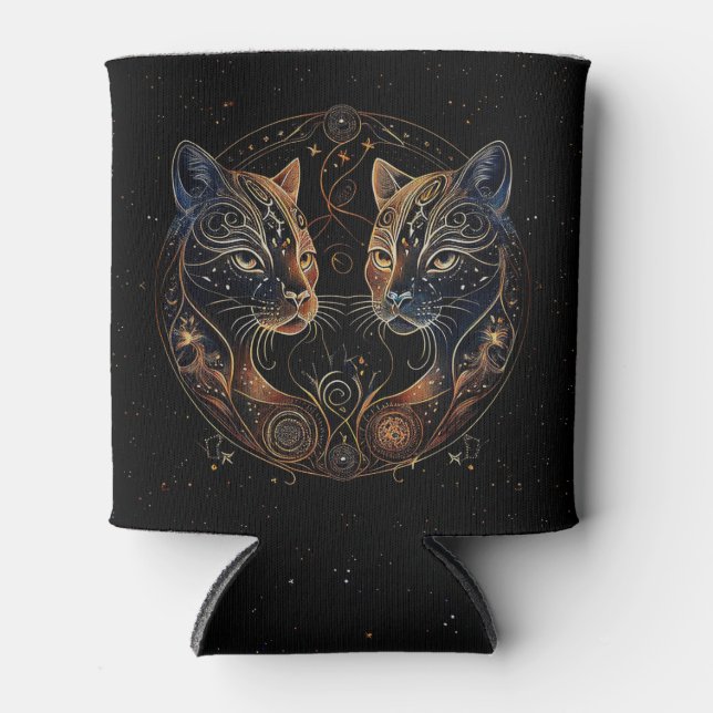 Artistic Feline Circle Twin Cats Can Cooler (Front)