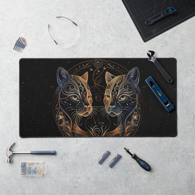 Artistic Feline Circle Twin Cats Desk Mat (Workstation)