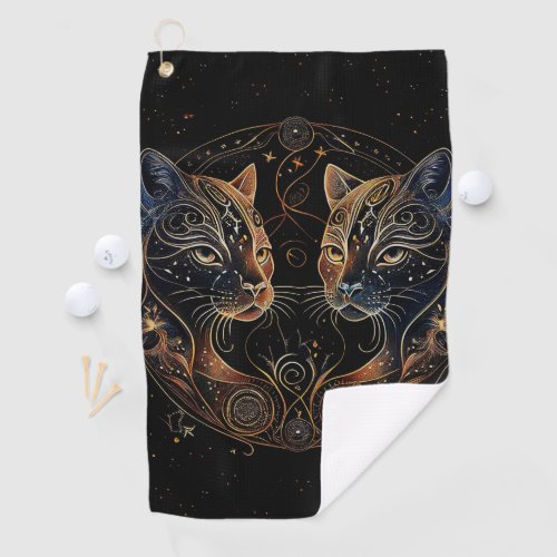 Artistic Feline Circle Twin Cats Golf Towel