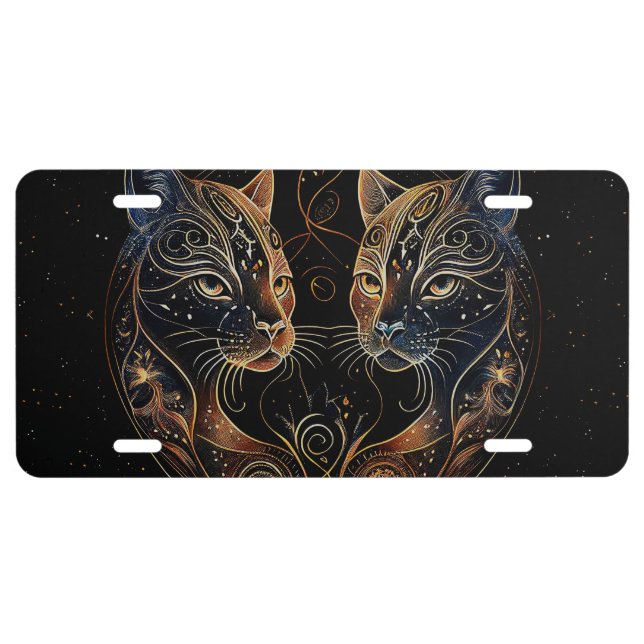Artistic Feline Circle Twin Cats License Plate (Front)