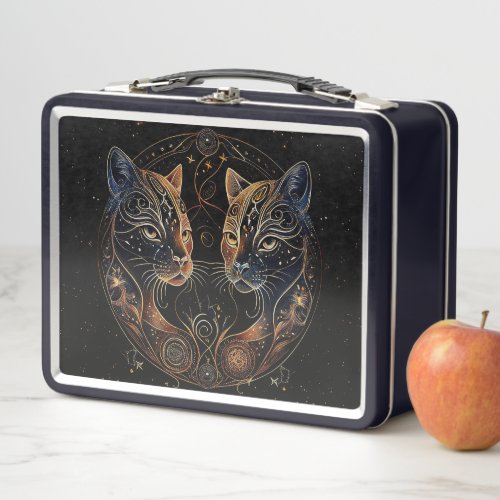Artistic Feline Circle Twin Cats Metal Lunch Box
