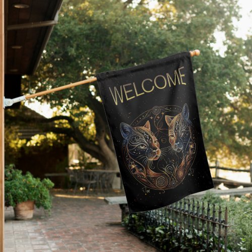 Artistic Feline Circle Twin Cats Welcome House Flag